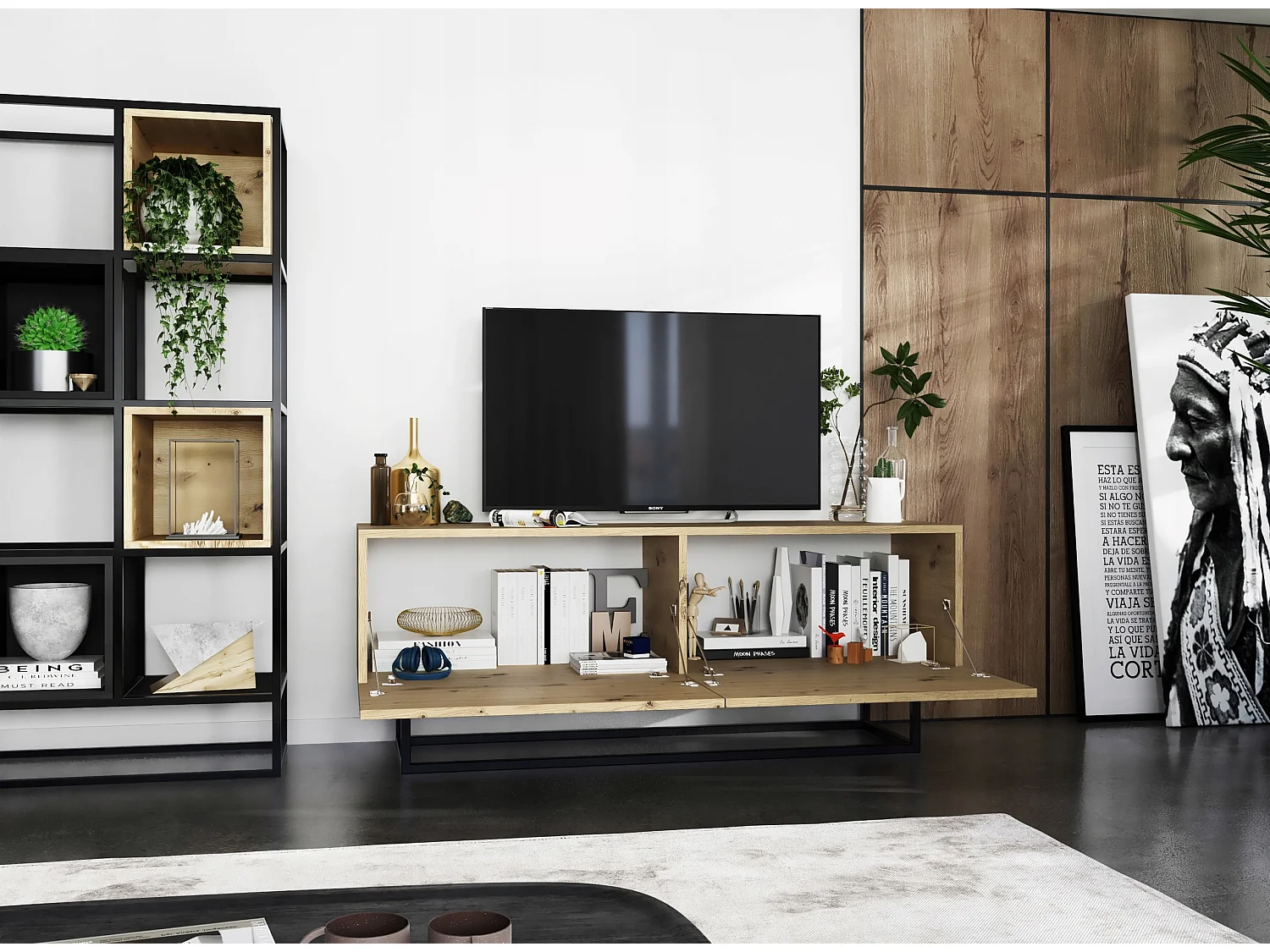 TV-meubel met 2 deuren - Mat ambachtelijk eiken lichaam, fronten Mat ambachtelijk eiken - 120 cm, Zwart metalen frame