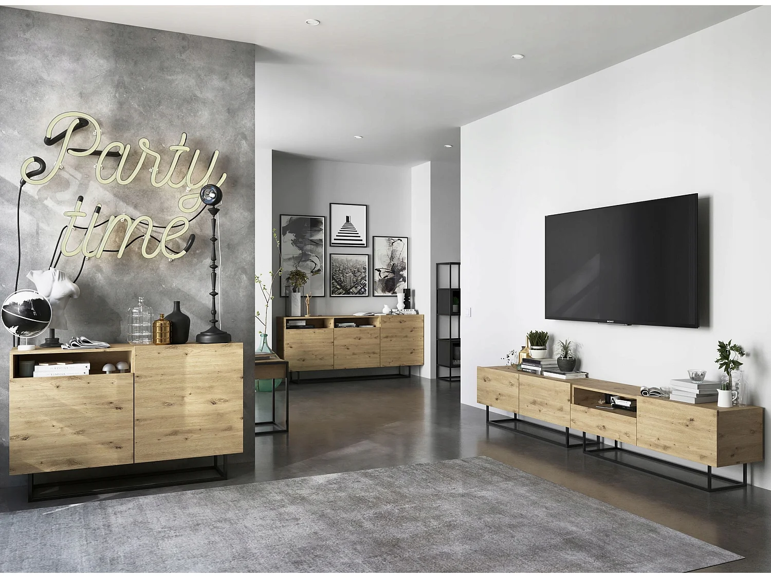 TV-meubel met 2 deuren - Mat ambachtelijk eiken lichaam, fronten Mat ambachtelijk eiken - 120 cm, Zwart metalen frame