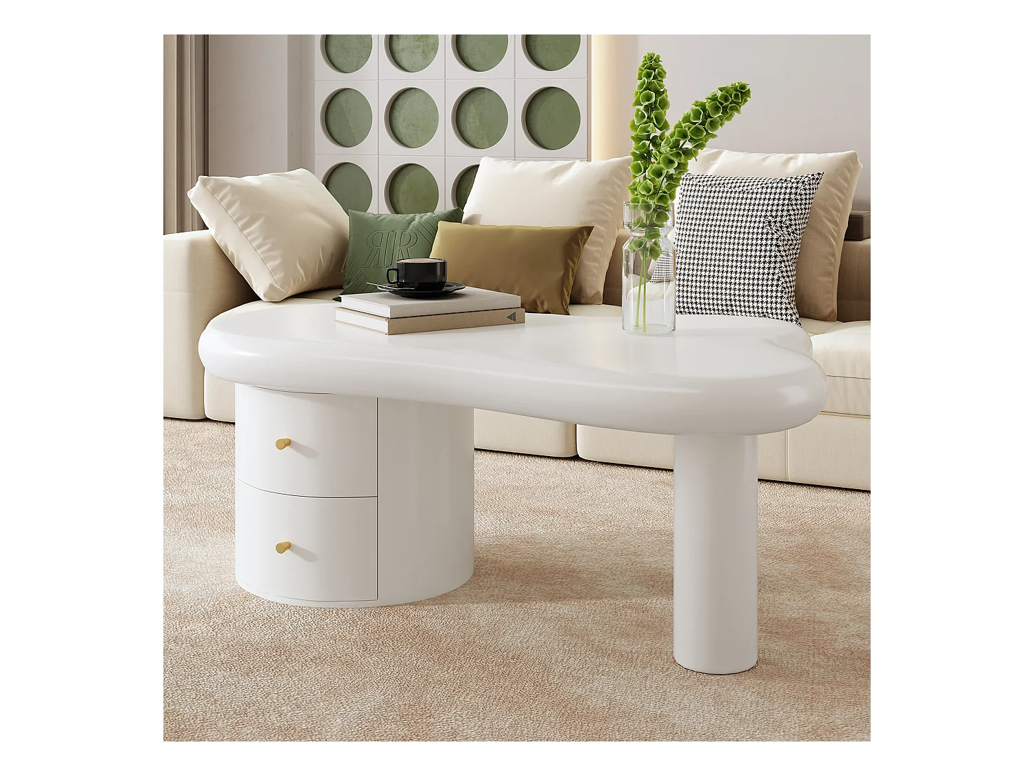 Table basse blanche - Table d'appoint avec 2 tiroirs et pieds colonnes - pour salon