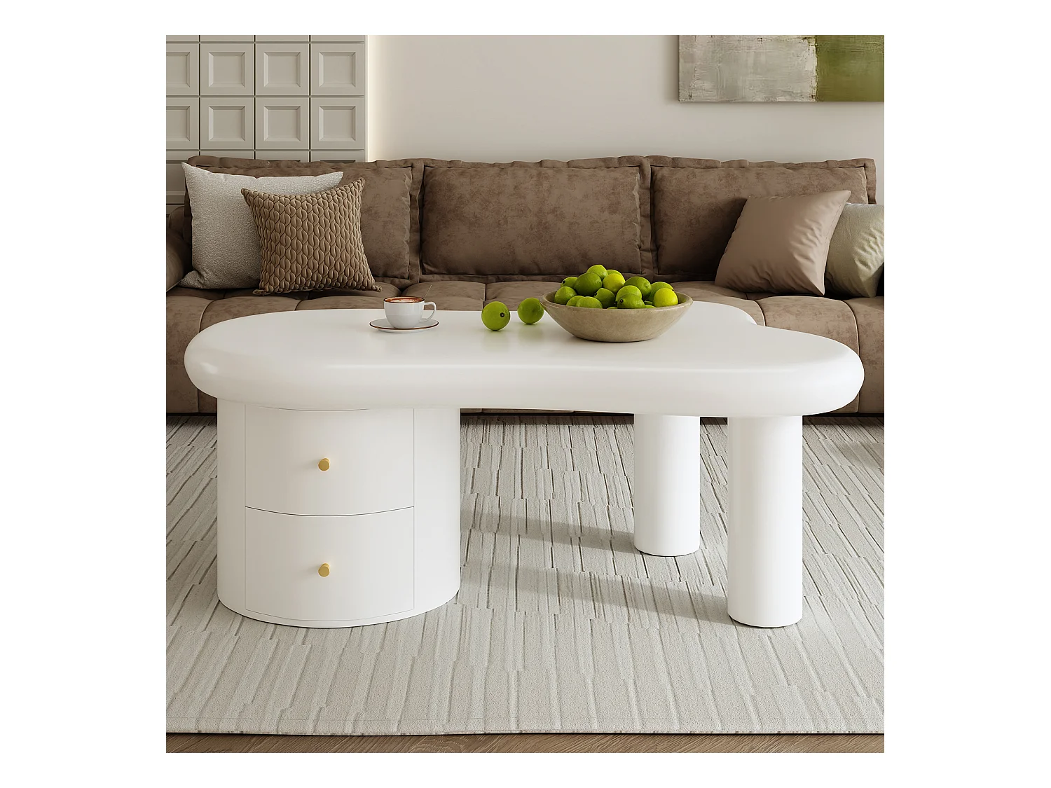 Table basse blanche - Table d'appoint avec 2 tiroirs et pieds colonnes - pour salon