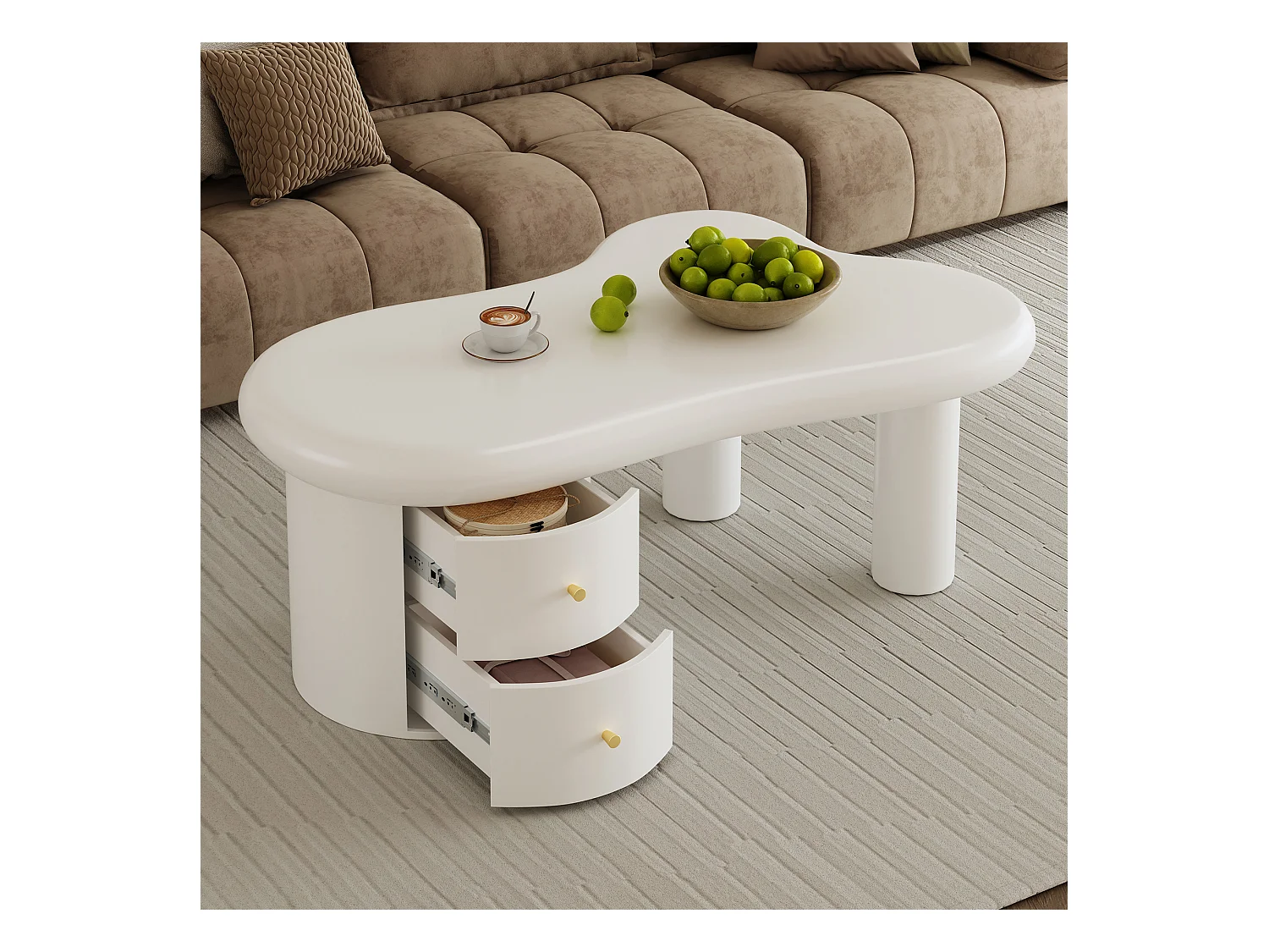 Table basse blanche - Table d'appoint avec 2 tiroirs et pieds colonnes - pour salon