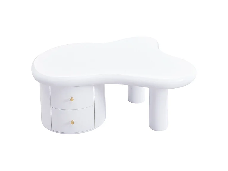 Table basse blanche - Table d'appoint avec 2 tiroirs et pieds colonnes - pour salon