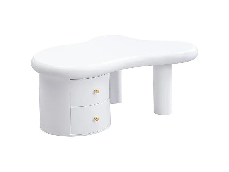 Table basse blanche - Table d'appoint avec 2 tiroirs et pieds colonnes - pour salon