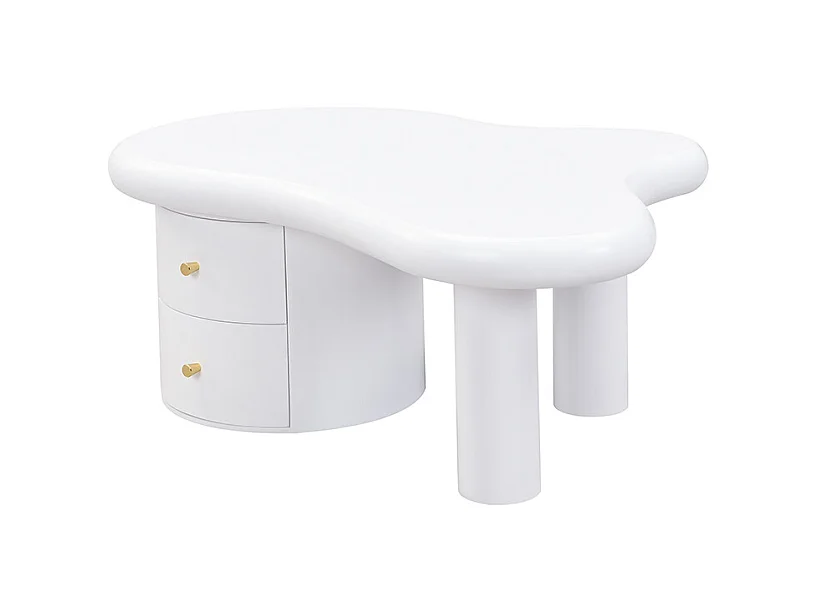 Table basse blanche - Table d'appoint avec 2 tiroirs et pieds colonnes - pour salon