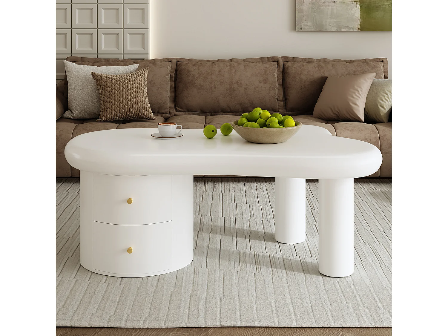 Table basse blanche - Table d'appoint avec 2 tiroirs et pieds colonnes - pour salon