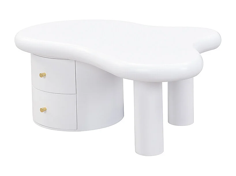 Table basse blanche - Table d'appoint avec 2 tiroirs et pieds colonnes - pour salon