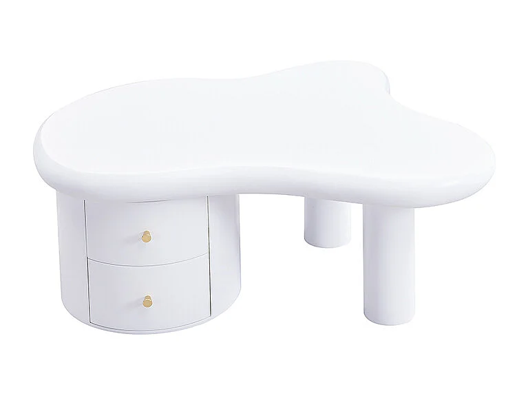 Table basse blanche - Table d'appoint avec 2 tiroirs et pieds colonnes - pour salon