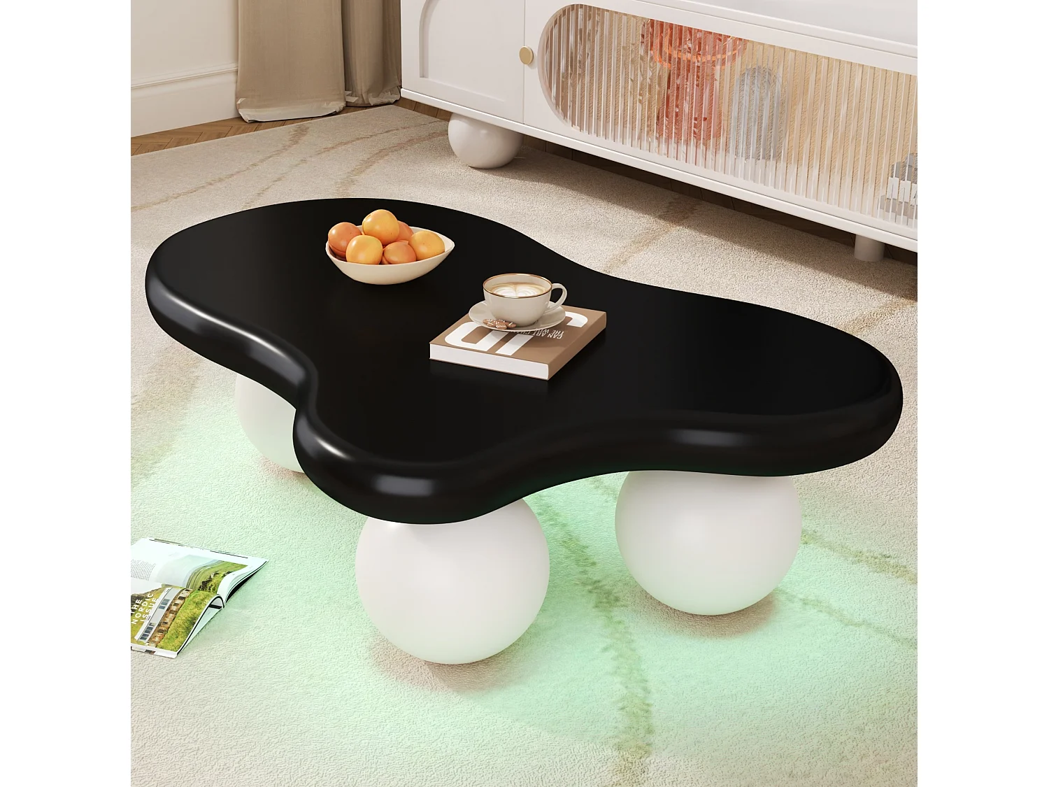 Table basse noire - Table basse avec lumières LED et pieds ronds blancs - design en forme de nuage - pour salon et chambre d'enfant