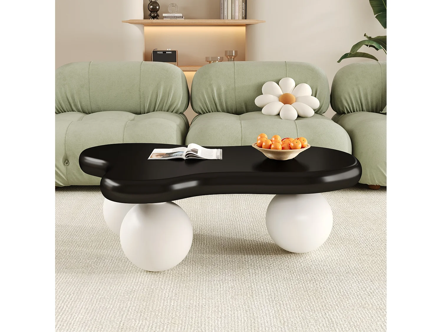 Table basse noire - Table basse avec lumières LED et pieds ronds blancs - design en forme de nuage - pour salon et chambre d'enfant