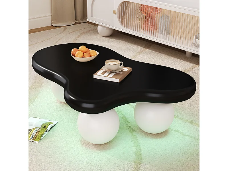 Table basse noire - Table basse avec lumières LED et pieds ronds blancs - design en forme de nuage - pour salon et chambre d'enfant