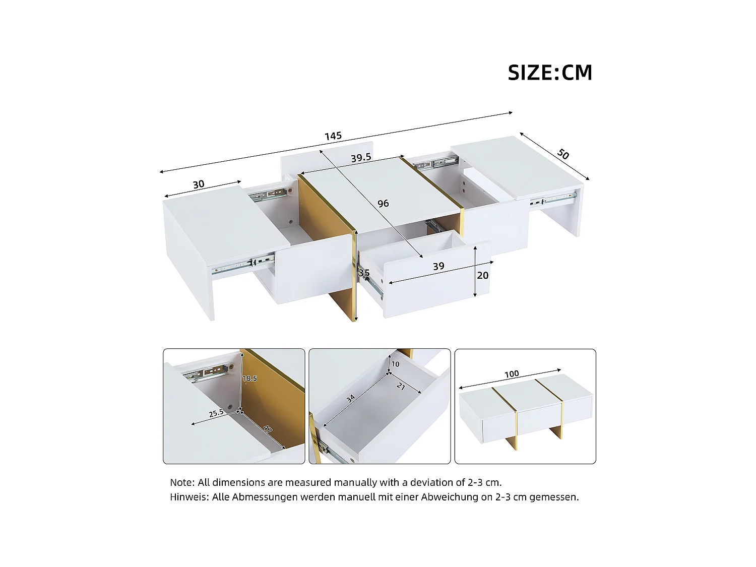 Weißer Couchtisch - Couchtisch mit 4 Schubladen und glänzender Platte - für wohnzimmer