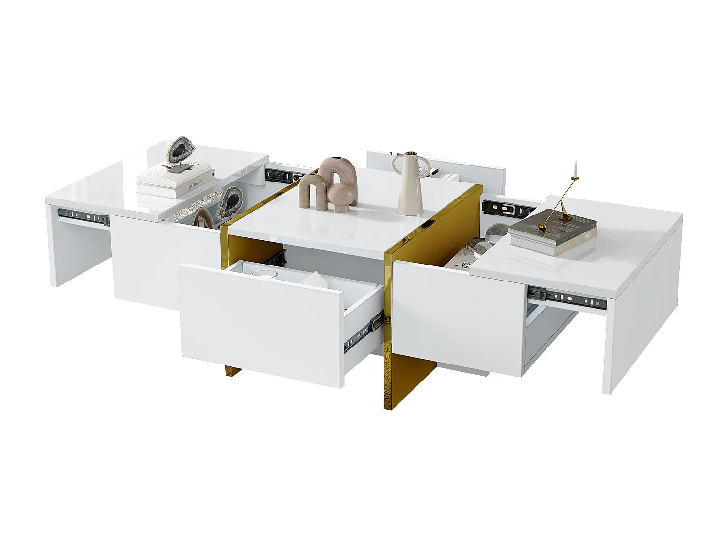 Weißer Couchtisch - Couchtisch mit 4 Schubladen und glänzender Platte - für wohnzimmer