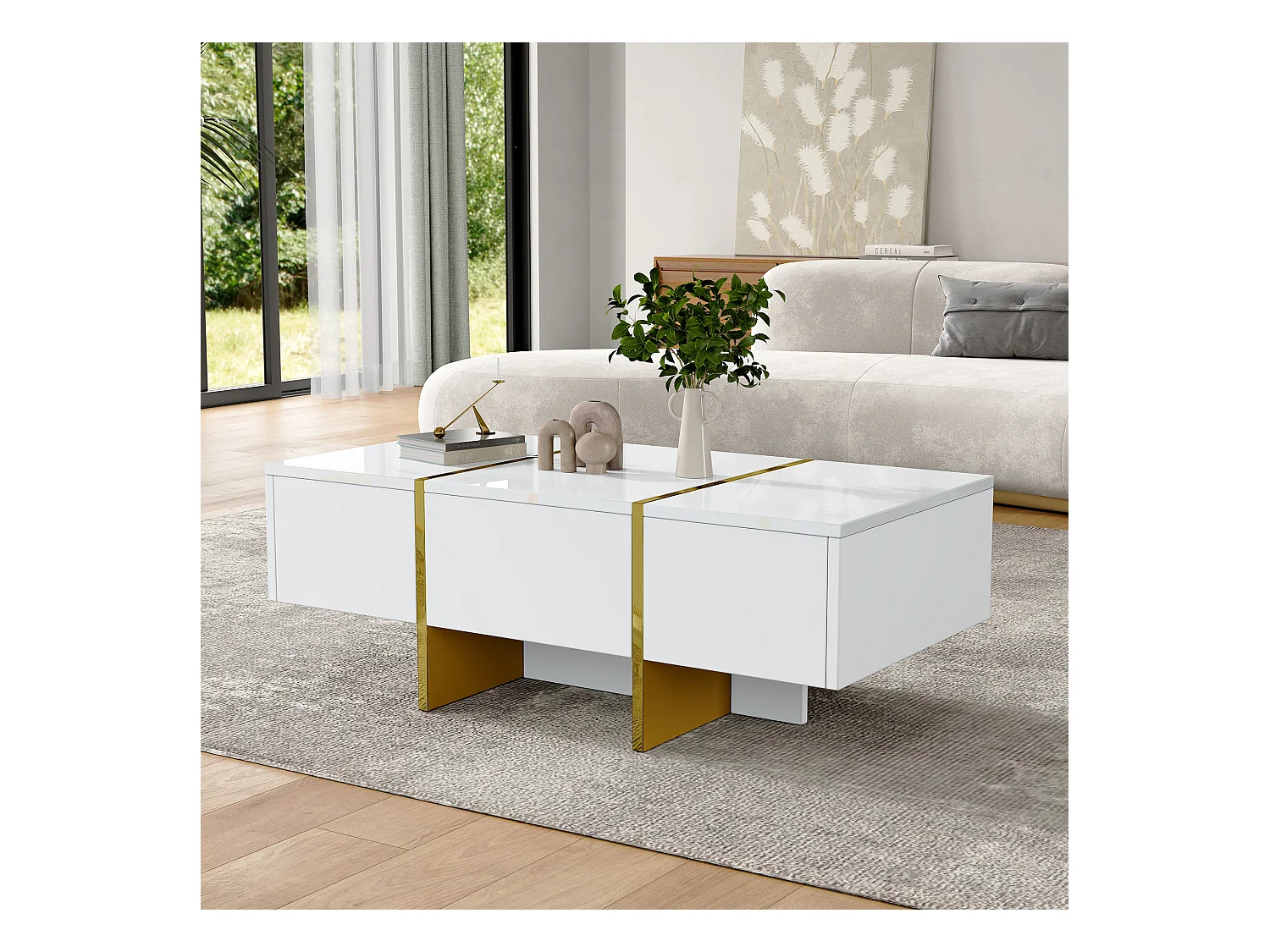 Table basse blanc - Table basse avec 4 tiroirs et plateau brillant - pour le salon