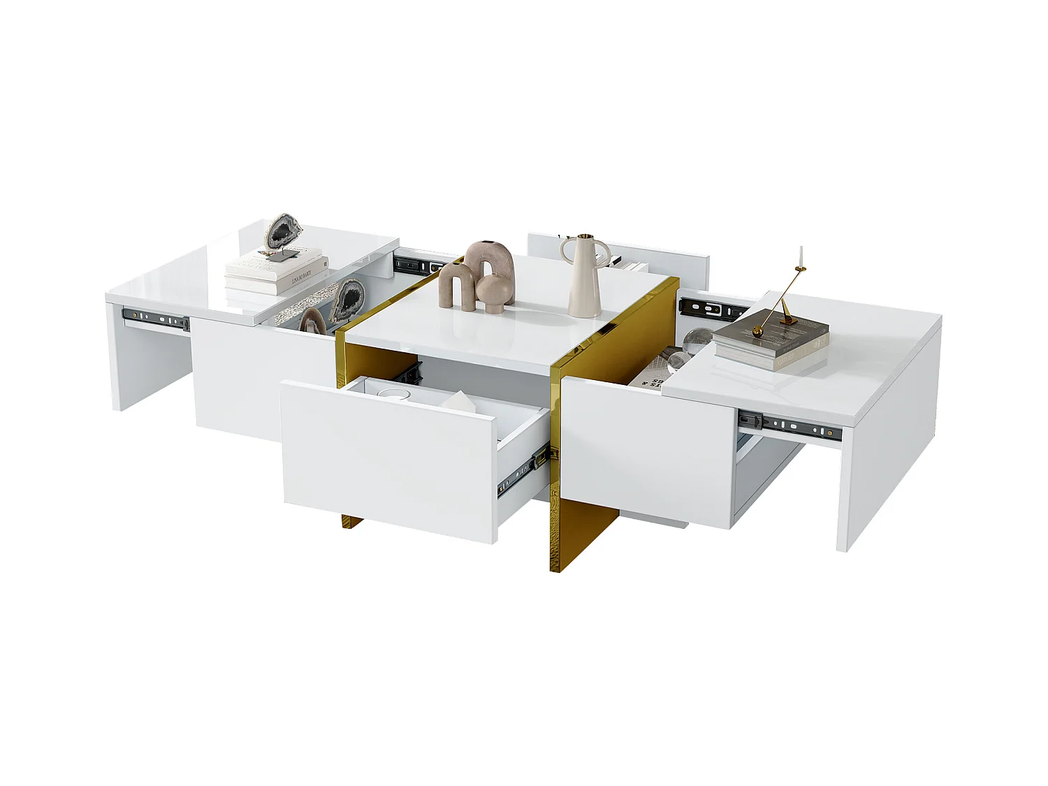 Table basse blanc - Table basse avec 4 tiroirs et plateau brillant - pour le salon