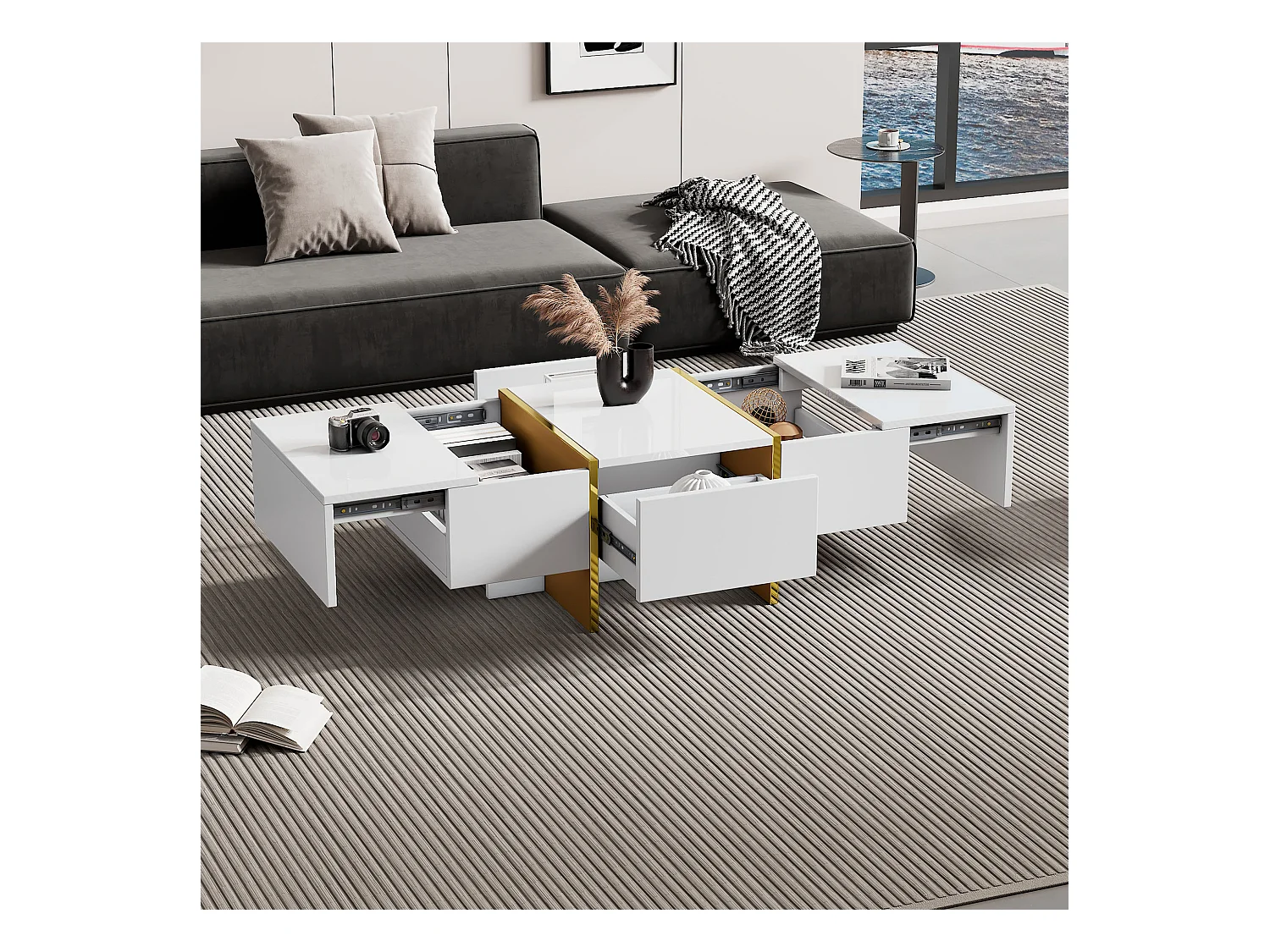 Table basse blanc - Table basse avec 4 tiroirs et plateau brillant - pour le salon
