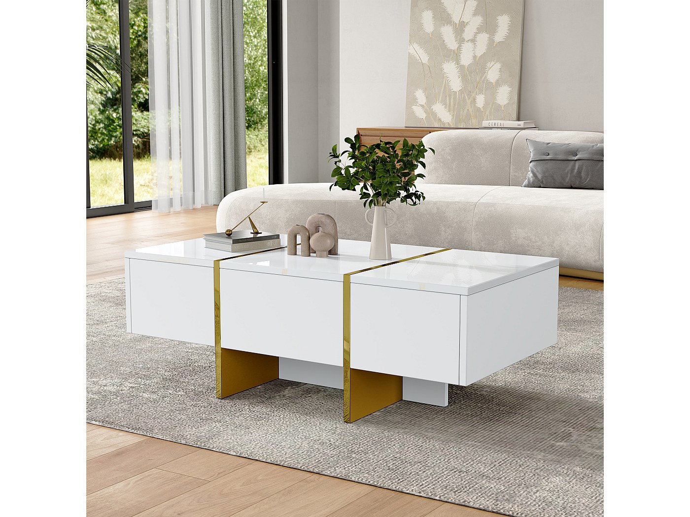 Witte salontafel met in hoogte verstelbaar blad en 2 opberglades, LED