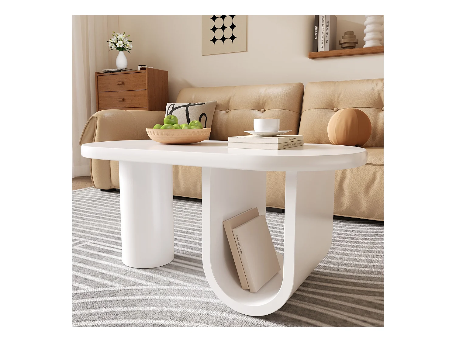 Table basse ovale - Table basse avec rangement pieds en U - blanc - pour salon
