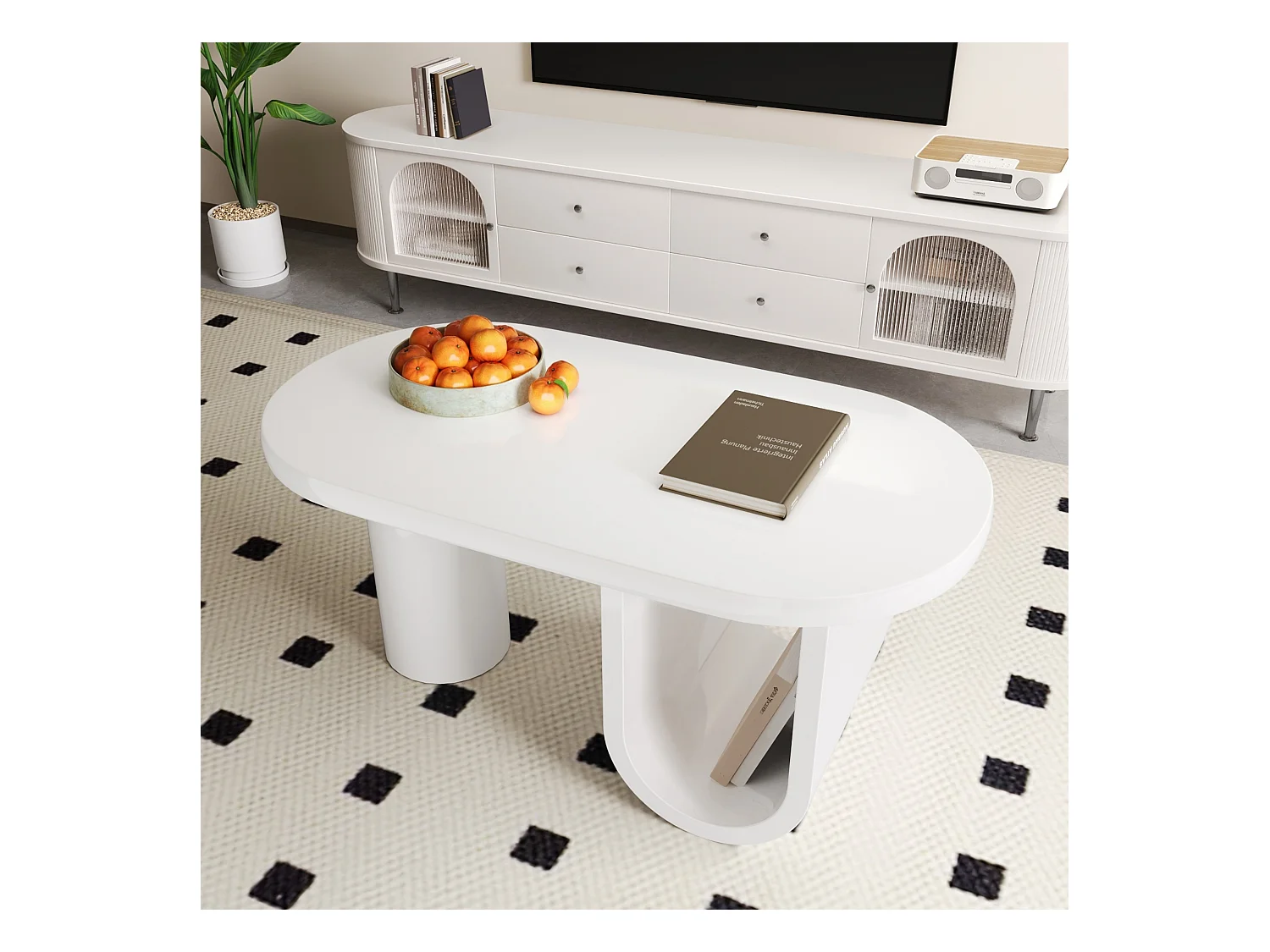 Table basse ovale - Table basse avec rangement pieds en U - blanc - pour salon