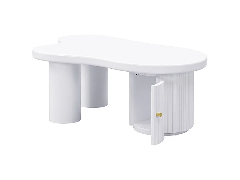 Table basse blanc - Table basse avec 1 porte et pieds cylindriques - design en forme de nuage - pour salons et bureaux