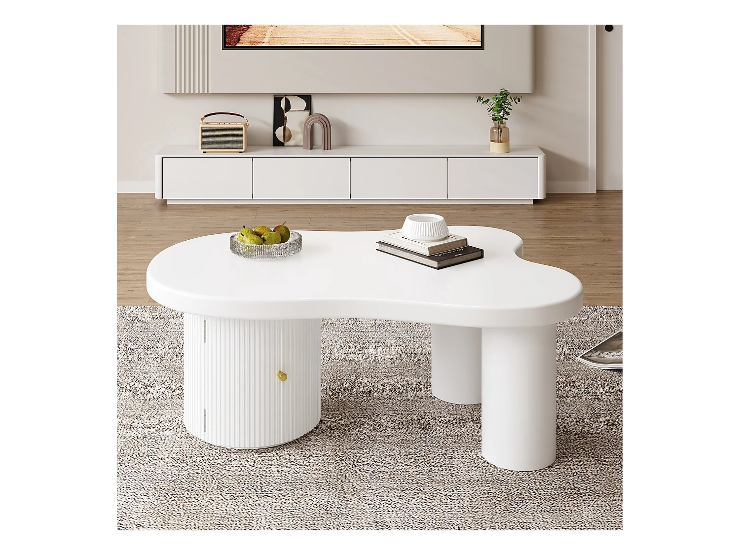Table basse blanc - Table basse avec 1 porte et pieds cylindriques - design en forme de nuage - pour salons et bureaux
