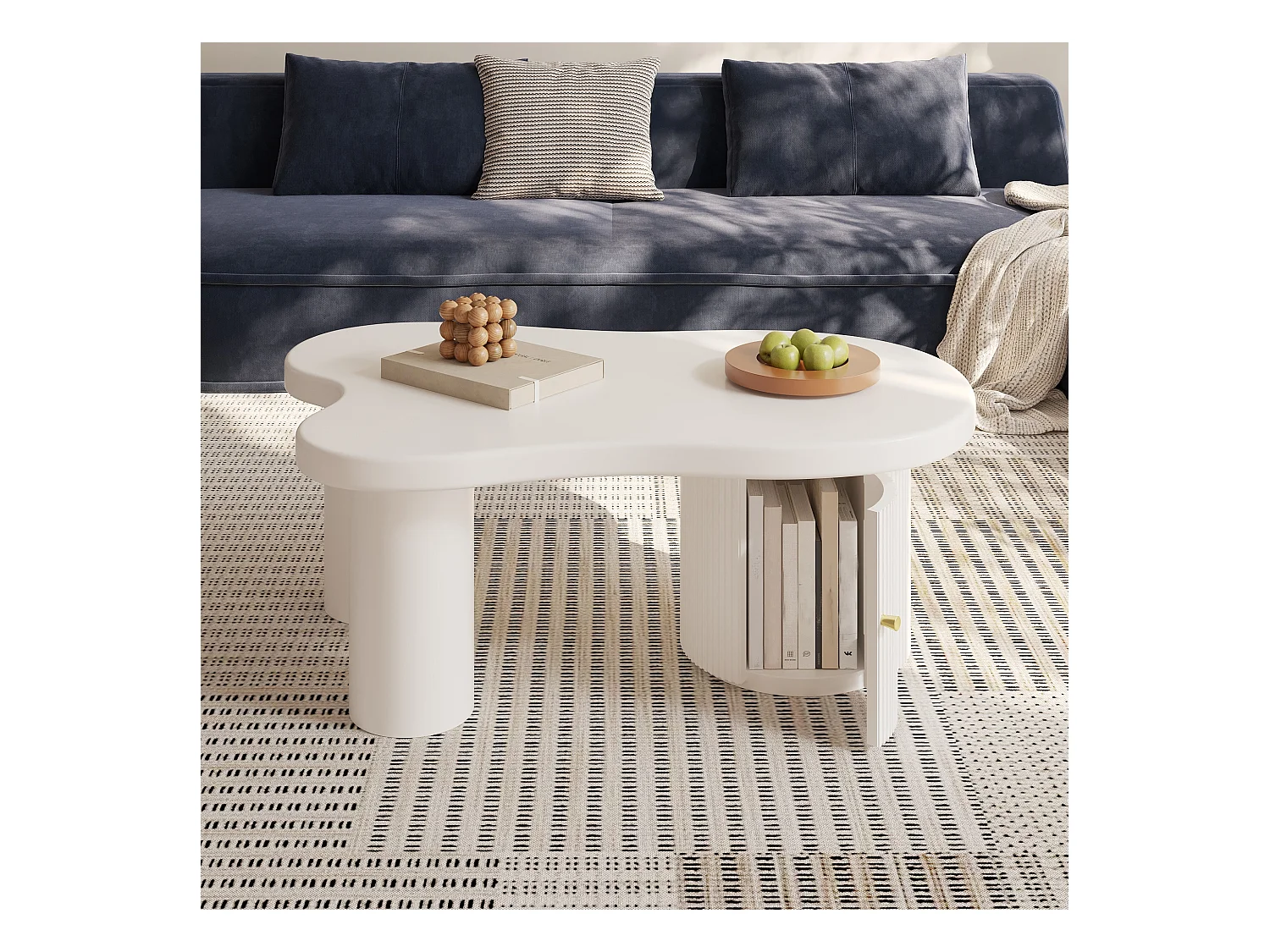 Table basse blanc - Table basse avec 1 porte et pieds cylindriques - design en forme de nuage - pour salons et bureaux