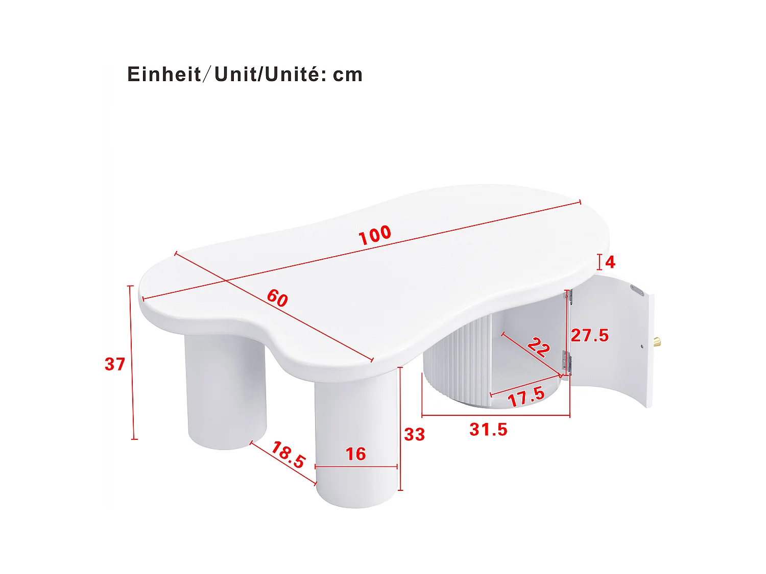 Table basse blanc - Table basse avec 1 porte et pieds cylindriques - design en forme de nuage - pour salons et bureaux