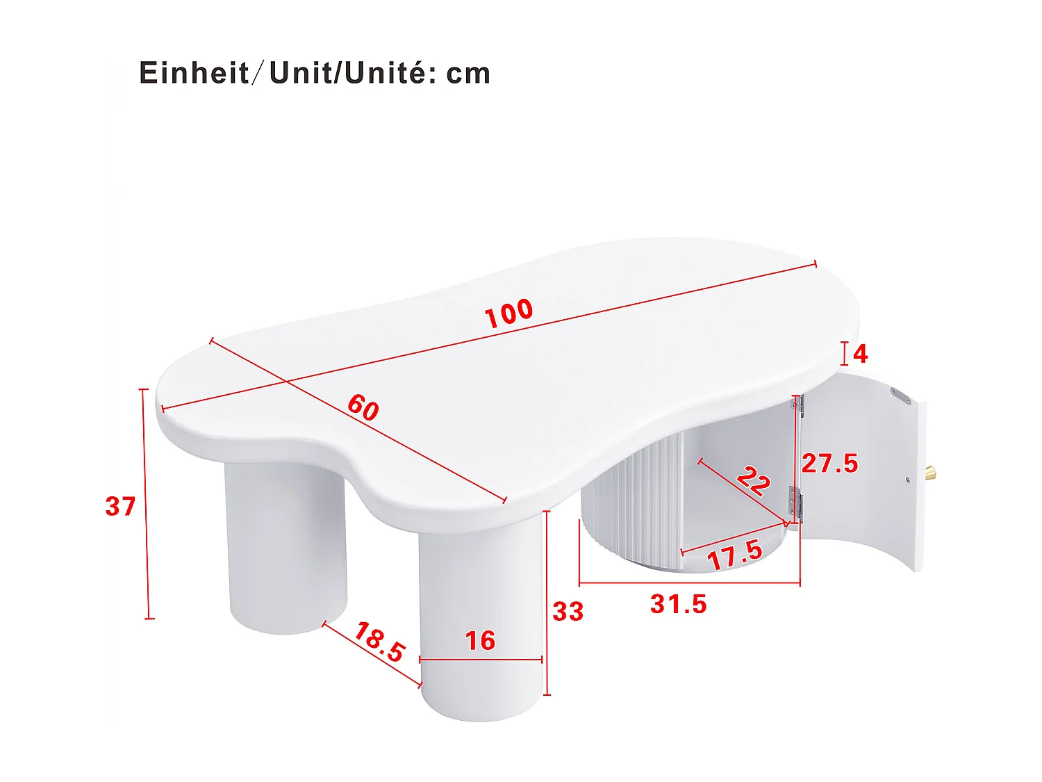 Table basse blanc - Table basse avec 1 porte et pieds cylindriques - design en forme de nuage - pour salons et bureaux