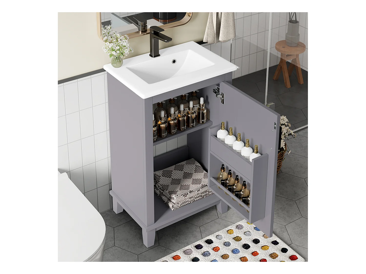 Meuble de salle de bain sur pied, lavabo intégré, peinture complète, étagères latérales, MDF, bleu (76x46x78.5 cm)