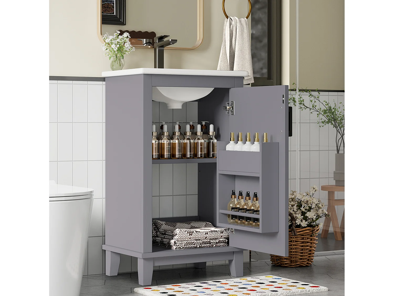 Meuble de salle de bain sur pied, lavabo intégré, peinture complète, étagères latérales, MDF, bleu (76x46x78.5 cm)