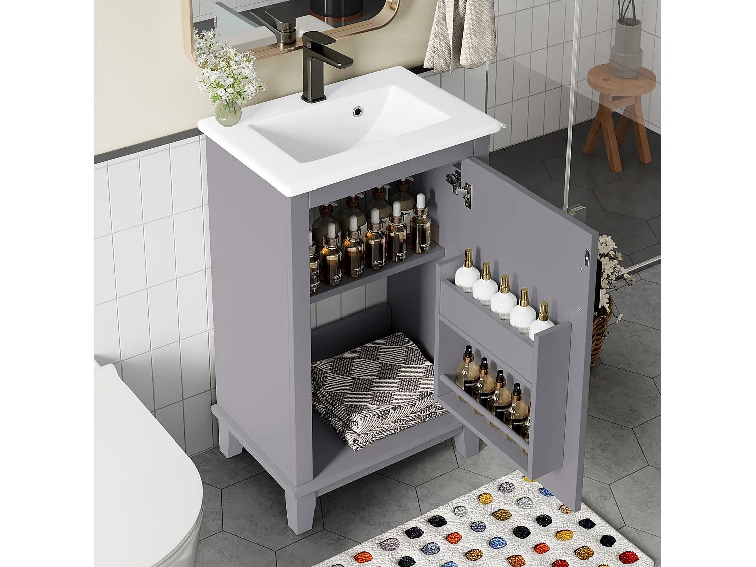 Meuble de salle de bain sur pied, lavabo intégré, peinture complète, étagères latérales, MDF, bleu (76x46x78.5 cm)