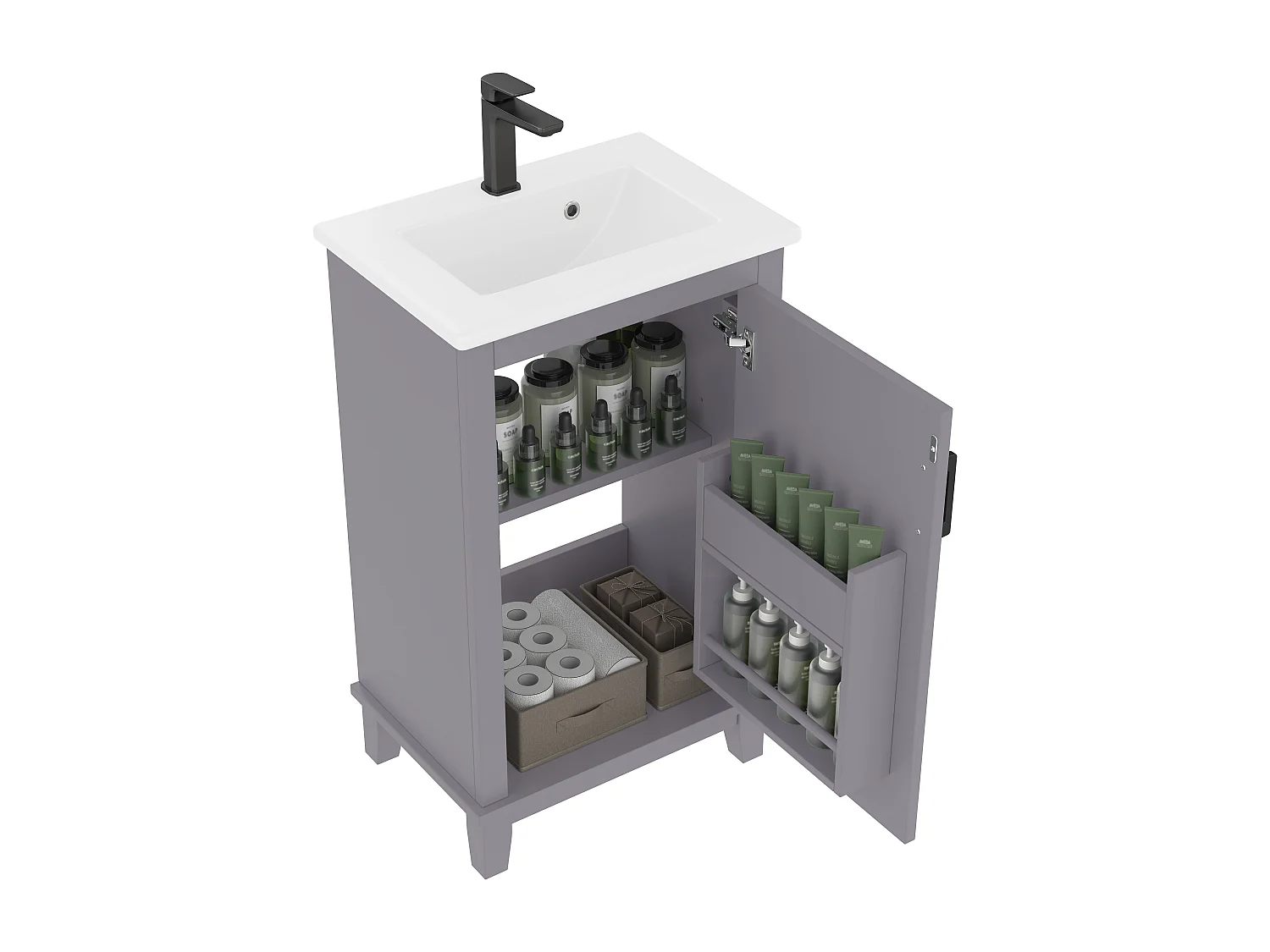 Meuble de salle de bain sur pied, lavabo intégré, peinture complète, étagères latérales, MDF, bleu (76x46x78.5 cm)