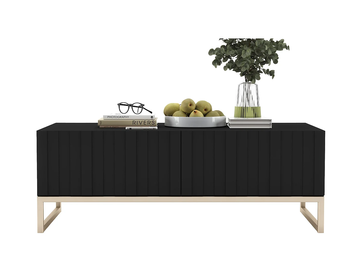 Table basse avec 2 portes - Corps Noir mat, façades rainurées Noir mat - 110 cm, cadre en métal