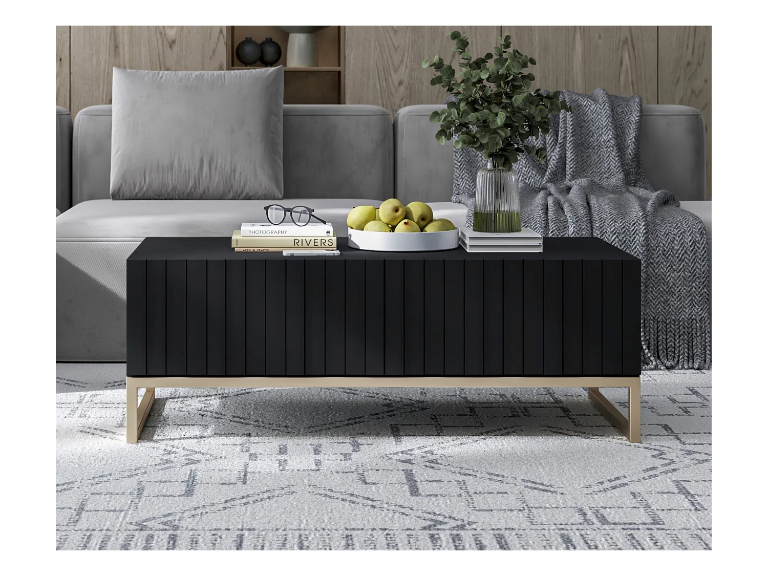 Table basse avec 2 portes - Corps Noir mat, façades rainurées Noir mat - 110 cm, cadre en métal