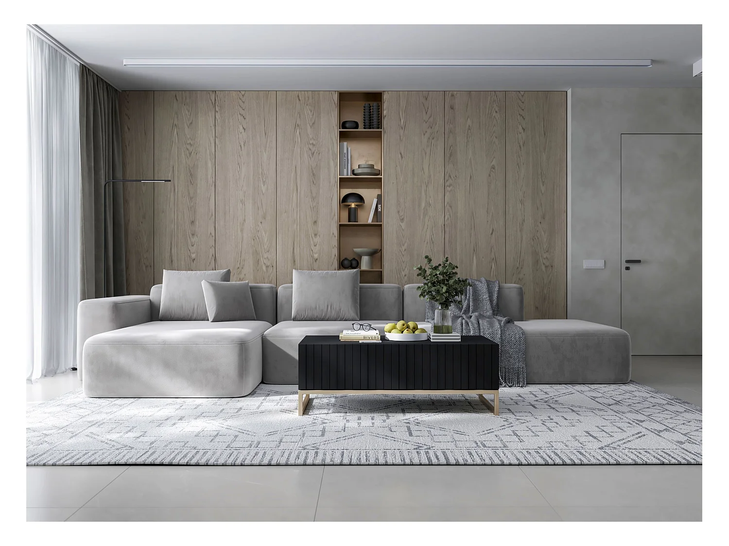 Table basse avec 2 portes - Corps Noir mat, façades rainurées Noir mat - 110 cm, cadre en métal