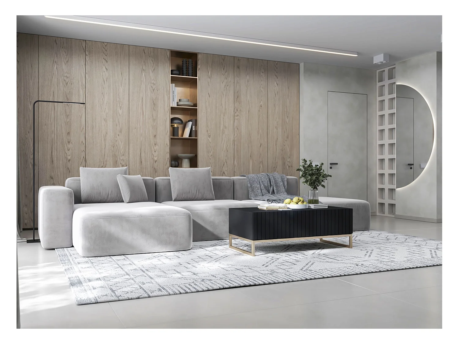 Table basse avec 2 portes - Corps Noir mat, façades rainurées Noir mat - 110 cm, cadre en métal