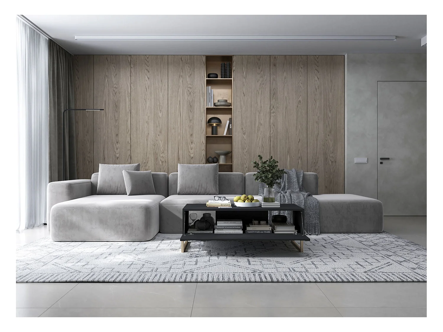 Table basse avec 2 portes - Corps Noir mat, façades rainurées Noir mat - 110 cm, cadre en métal