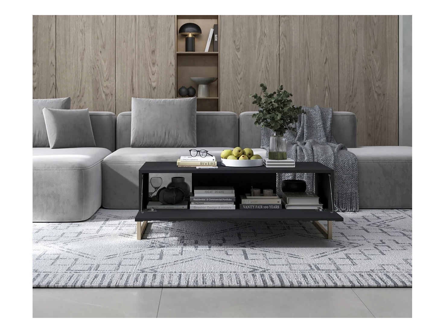 Table basse avec 2 portes - Corps Noir mat, façades rainurées Noir mat - 110 cm, cadre en métal