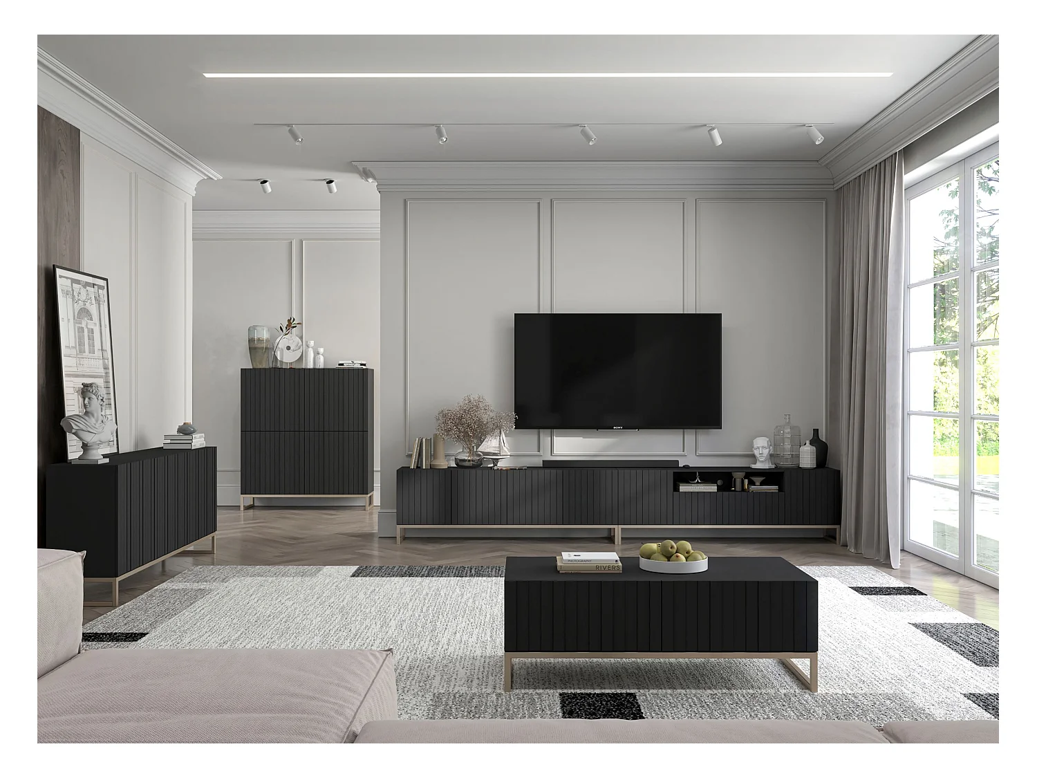 Table basse avec 2 portes - Corps Noir mat, façades rainurées Noir mat - 110 cm, cadre en métal