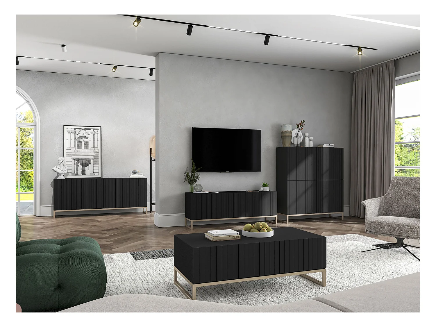 Table basse avec 2 portes - Corps Noir mat, façades rainurées Noir mat - 110 cm, cadre en métal