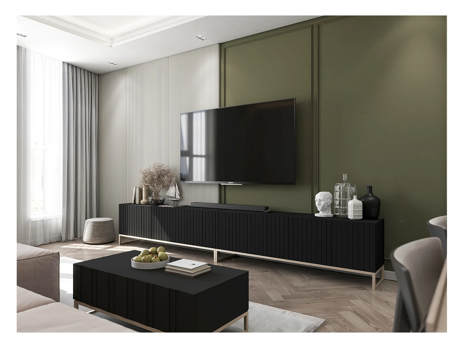 Table basse avec 2 portes - Corps Noir mat, façades rainurées Noir mat - 110 cm, cadre en métal