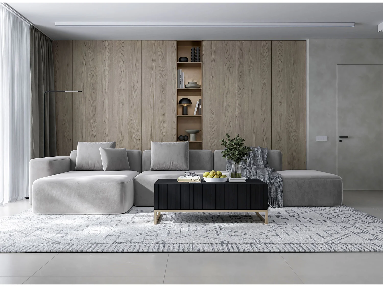 Table basse avec 2 portes - Corps Noir mat, façades rainurées Noir mat - 110 cm, cadre en métal
