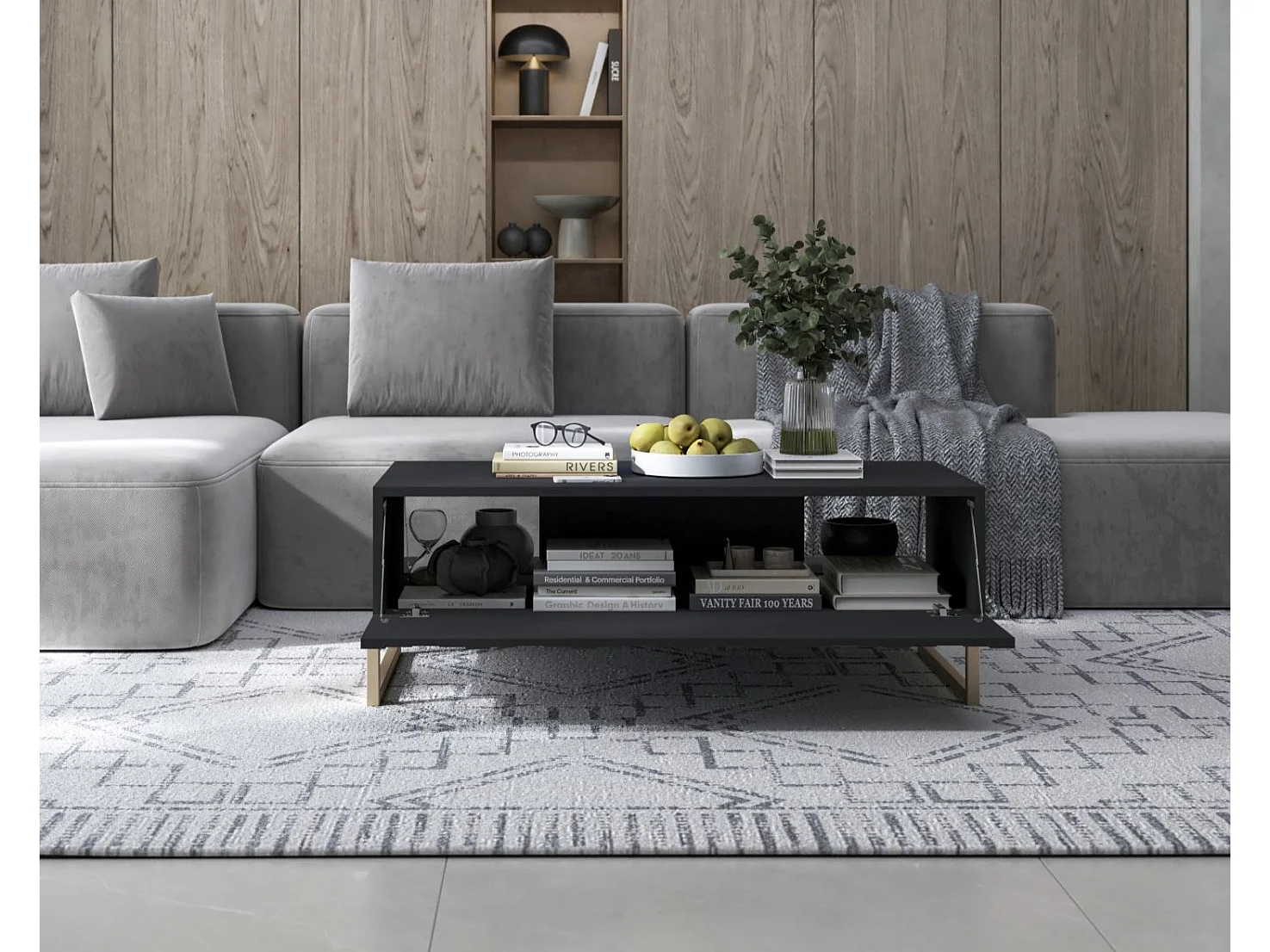 Table basse avec 2 portes - Corps Noir mat, façades rainurées Noir mat - 110 cm, cadre en métal