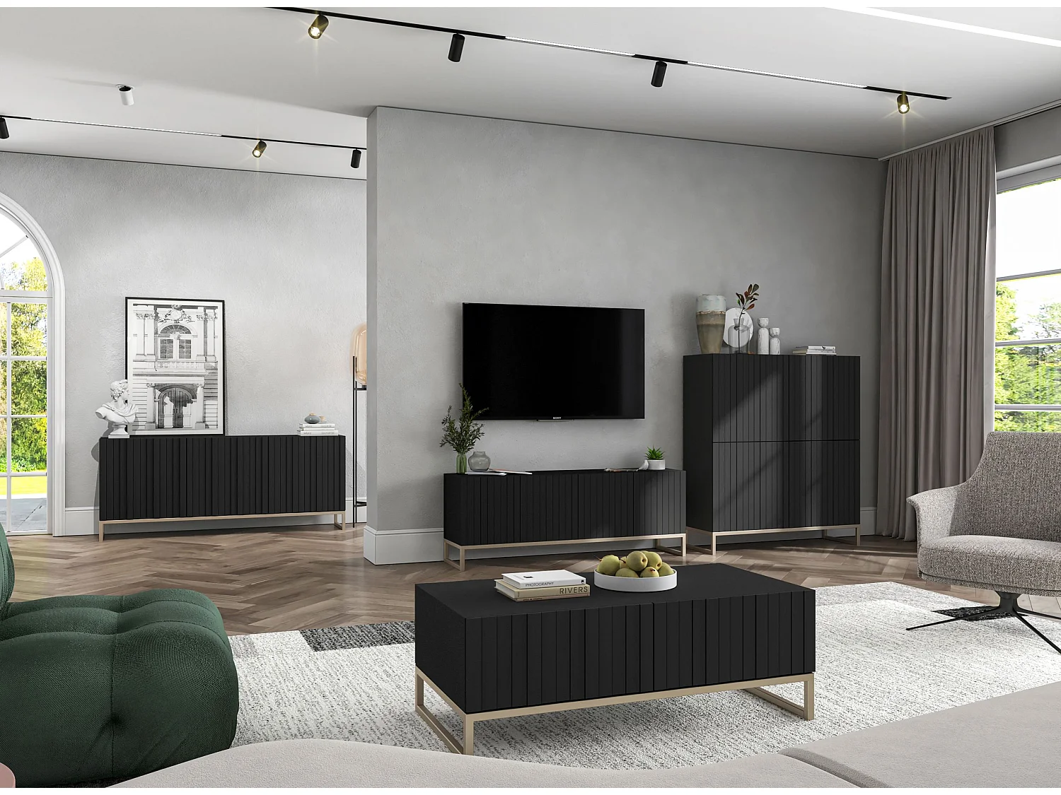 Table basse avec 2 portes - Corps Noir mat, façades rainurées Noir mat - 110 cm, cadre en métal