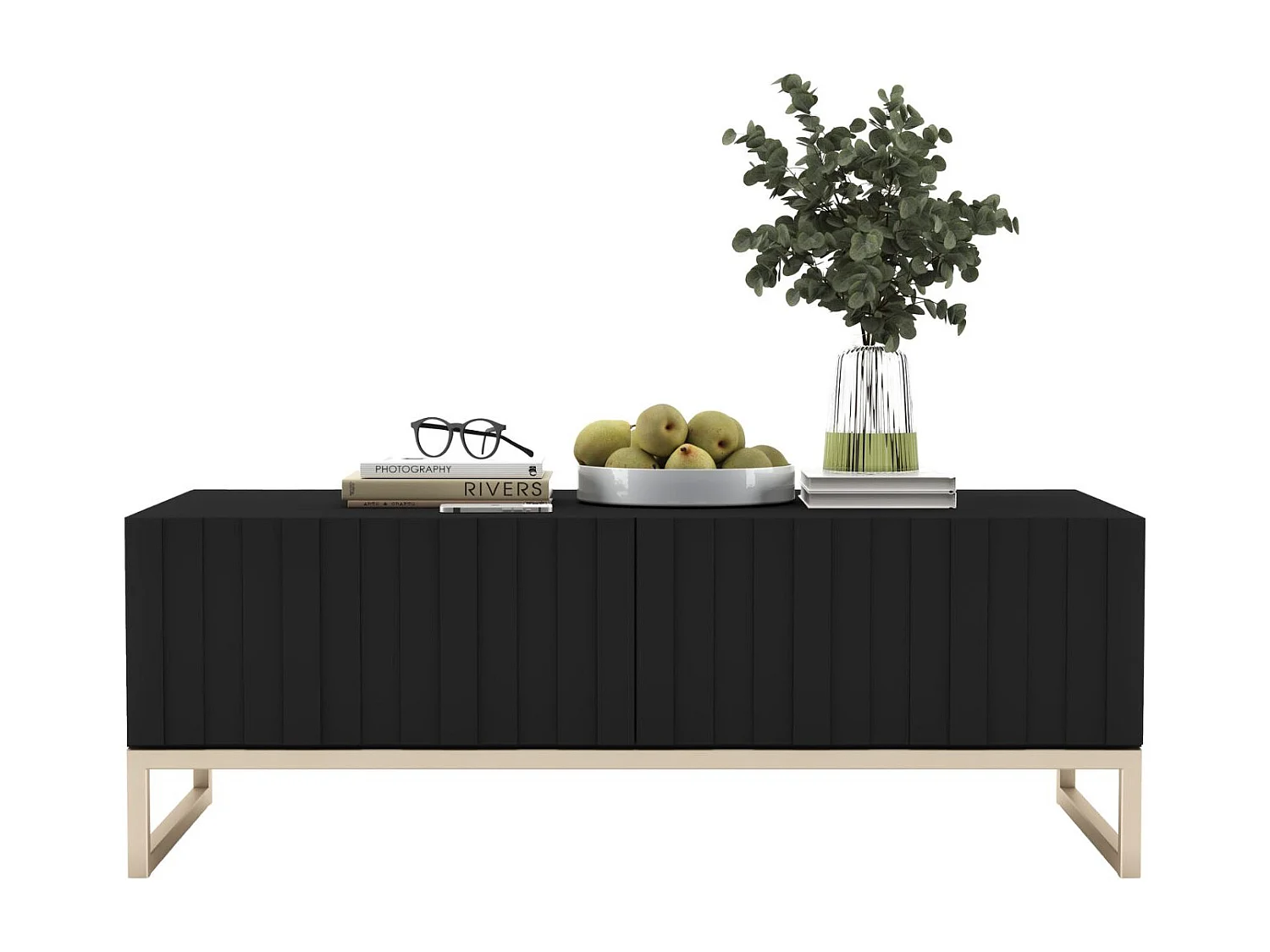 Table basse avec 2 portes - Corps Noir mat, façades rainurées Noir mat - 110 cm, cadre en métal