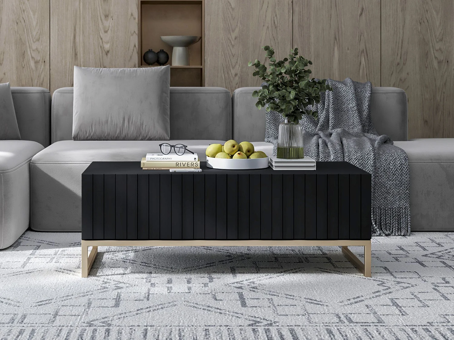 Table basse avec 2 portes - Corps Noir mat, façades rainurées Noir mat - 110 cm, cadre en métal