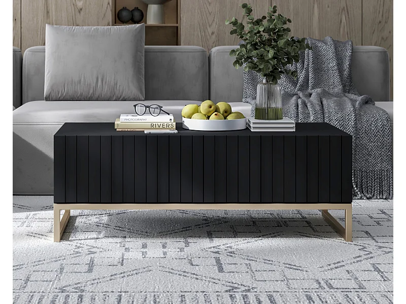 Table basse avec 2 portes - Corps Noir mat, façades rainurées Noir mat - 110 cm, cadre en métal