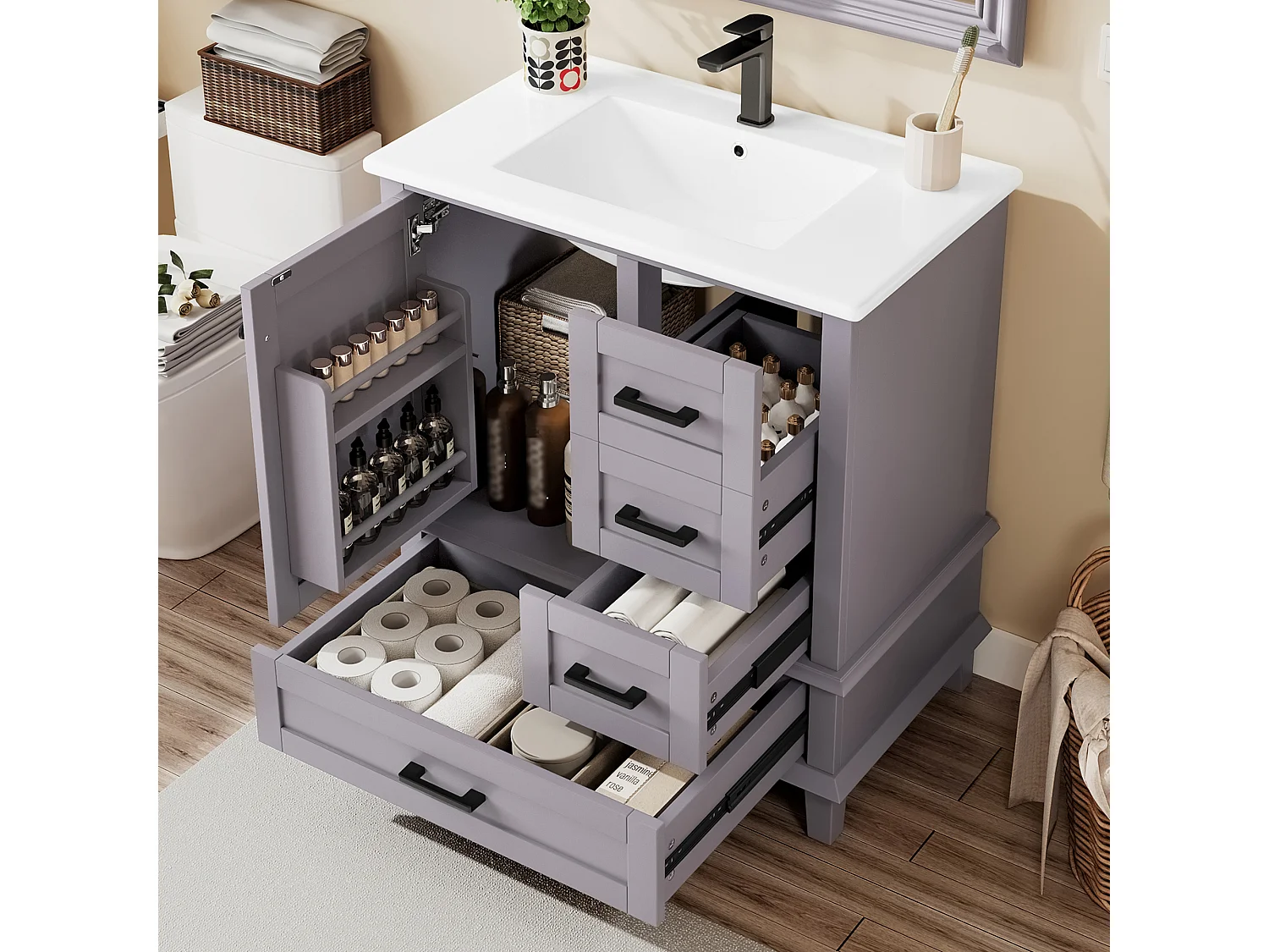 Meuble de salle de bain sur pied avec lavabo, portes à étagères, 3 tiroirs silencieux, MDF, gris (76x46x83.5 cm)