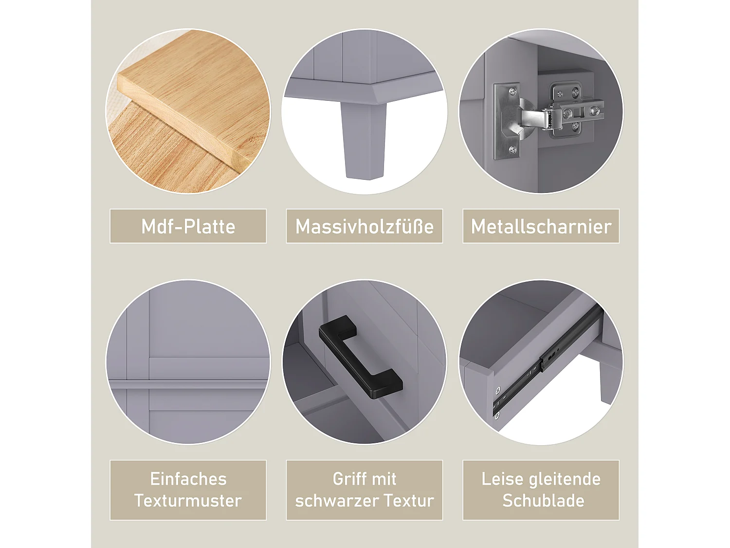 Meuble de salle de bain sur pied avec lavabo, portes à étagères, 3 tiroirs silencieux, MDF, gris (76x46x83.5 cm)