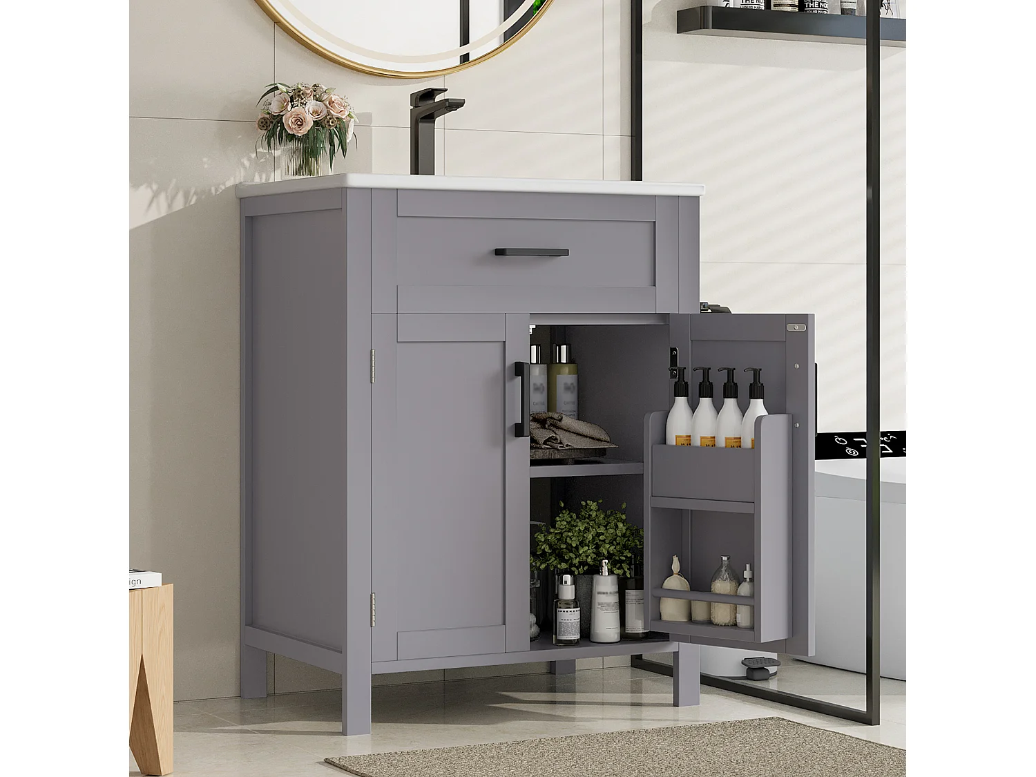 Mueble de baño con lavabo, puerta con estantes, diseño moderno, MDF, gris (60x46x84,8 cm)