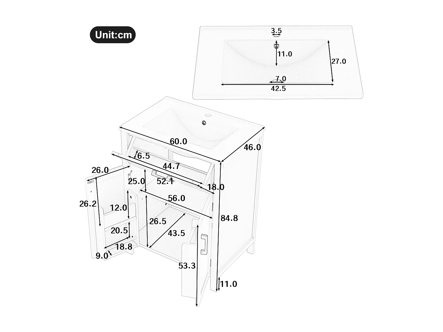 Mueble de baño con lavabo, puerta con estantes, diseño moderno, MDF, gris (60x46x84,8 cm)